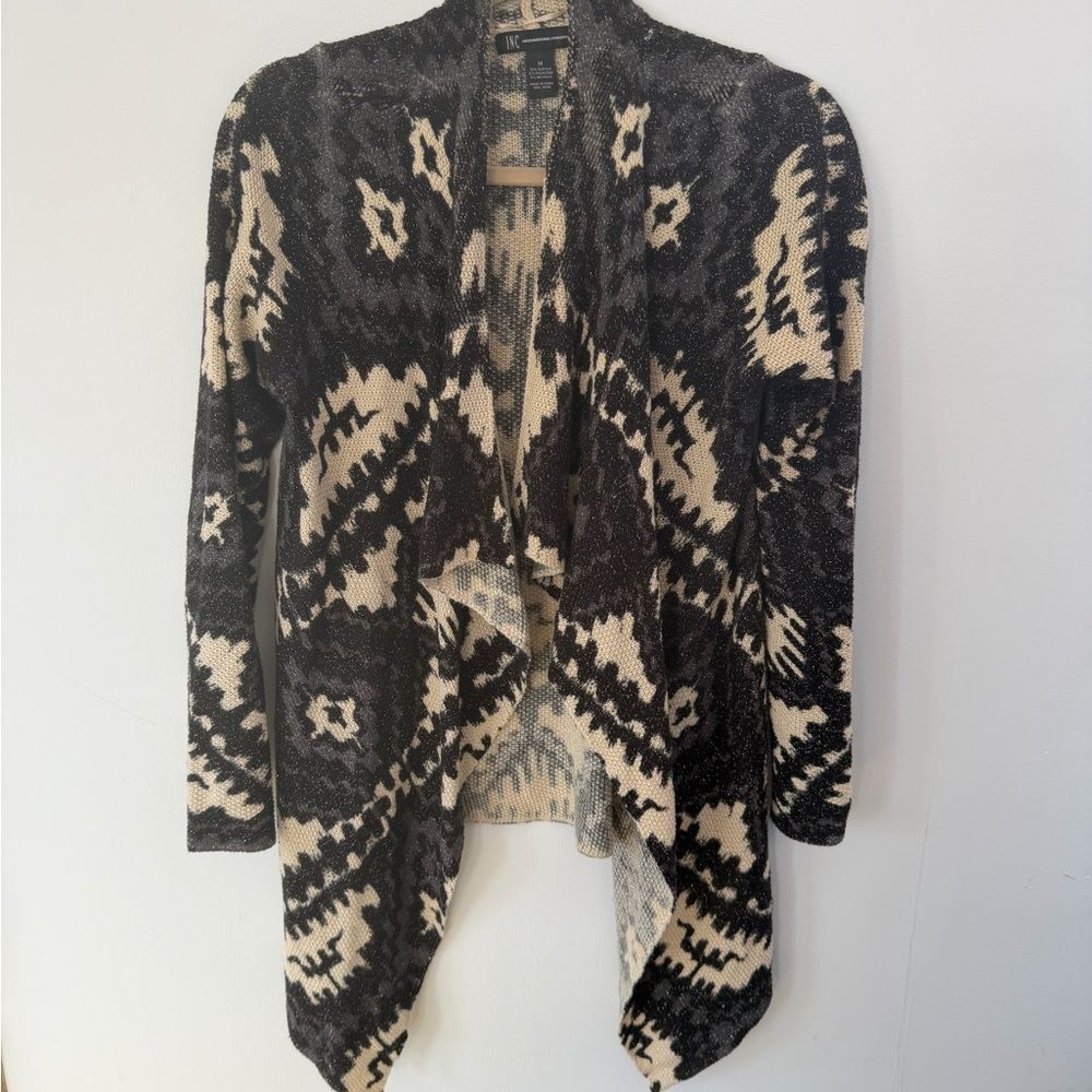 INC International Concepts Black and Cream Open-Front Geometric Cardigan